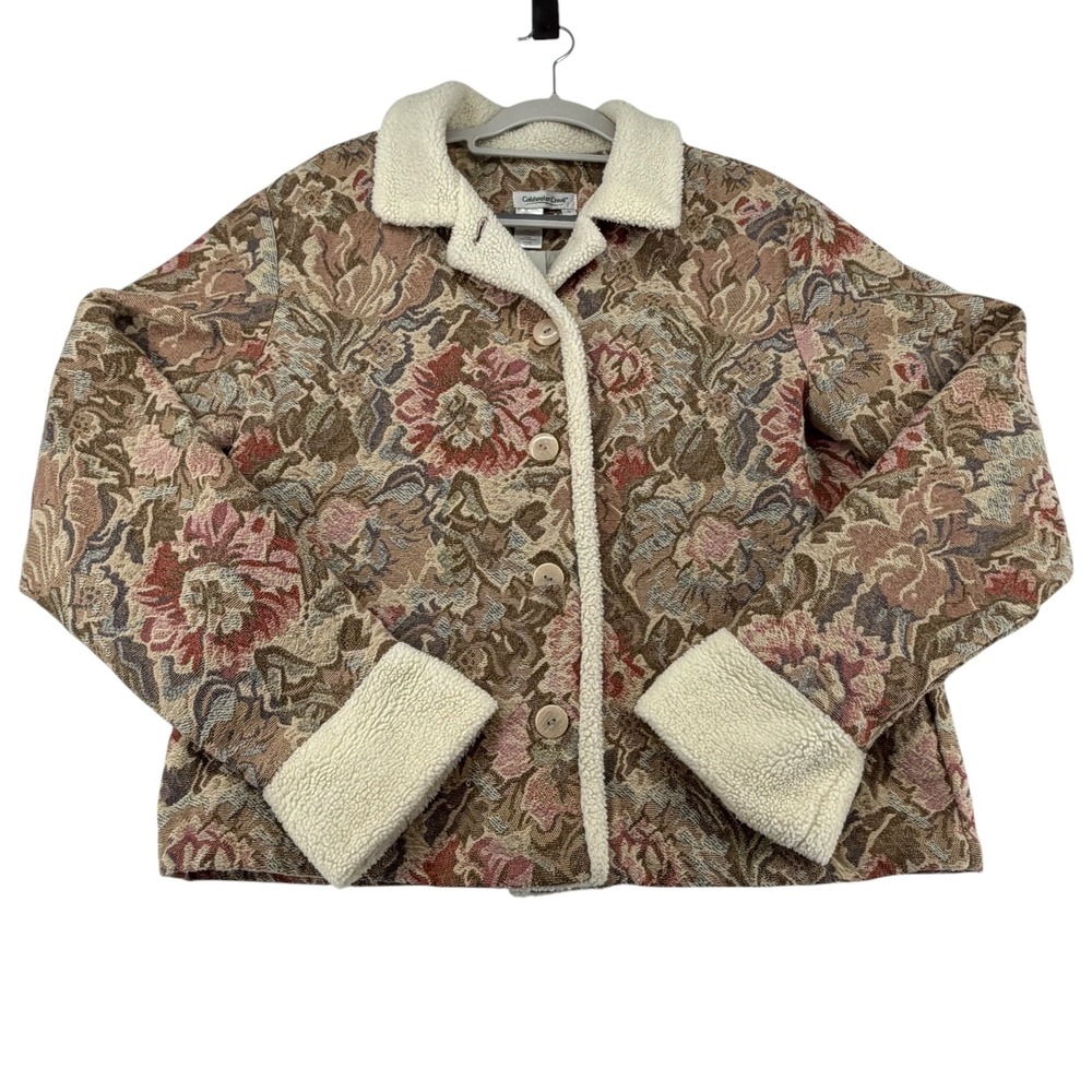 Coldwater Creek Tapestry Floral Sherpa Jacket Women Large Cottagecore Y2K 2000's